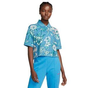 Nike Womens Top Size XXL Polo Dri-Fit Blue Floral Crop Loose Golf Short Sleeve